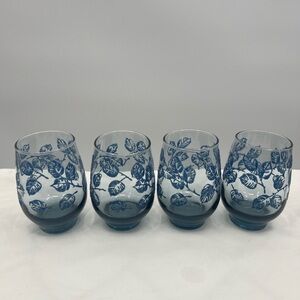 Libbey Juice Eventide Glasses Painted Blue leaves Set of 4 Vintage